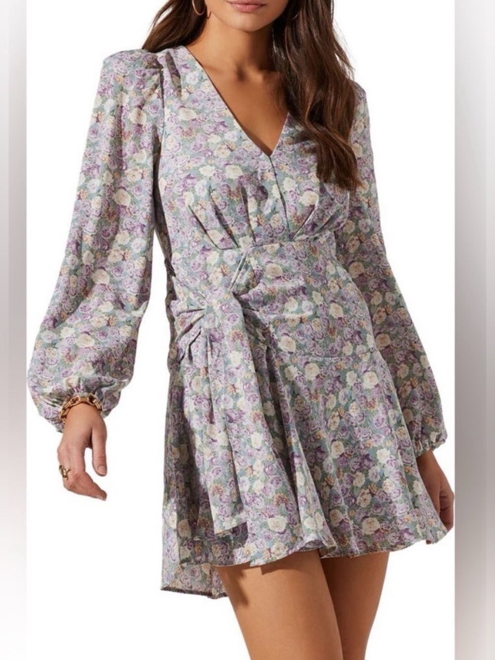 NWT ASTR The Label Floral Wrap Mini Dress M Purple Long Sleeve Wedding Guest